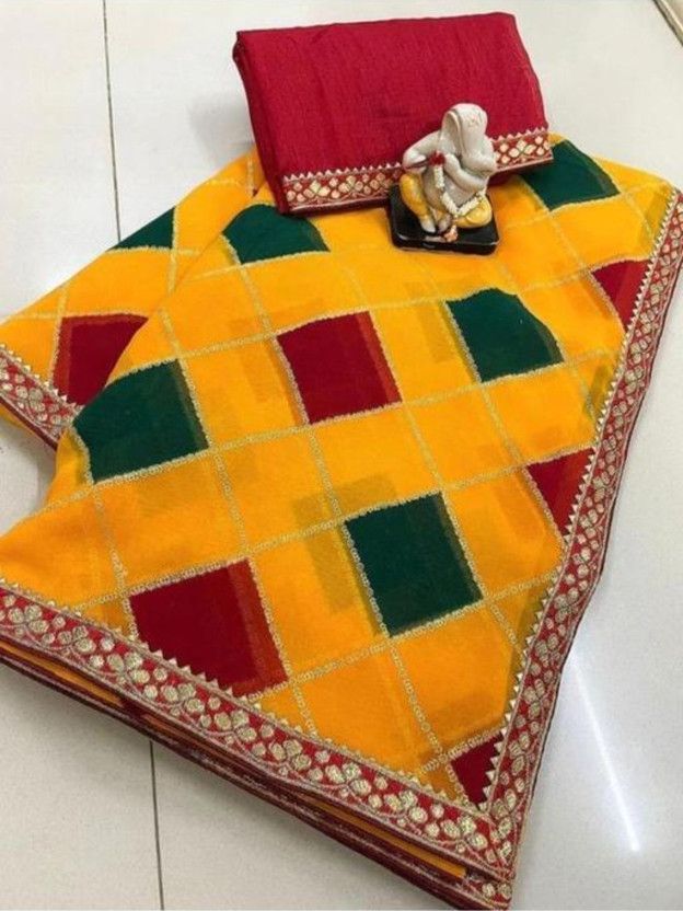 Printed, Checkered Daily Wear Georgette Saree  (Yellow)