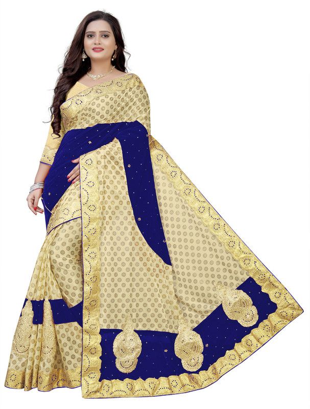 Embellished Bollywood Velvet, Lycra Blend Saree  (Light Blue, Gold)