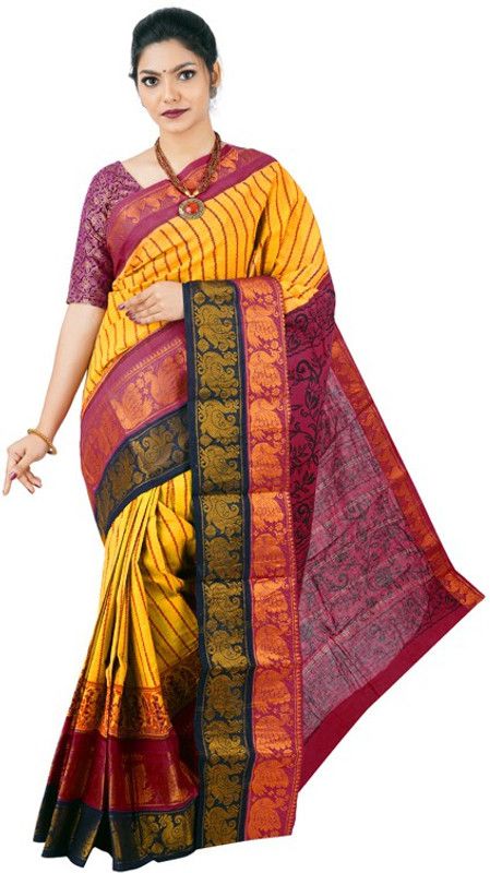 Striped Kanjivaram Pure Cotton Saree  (Multicolor)