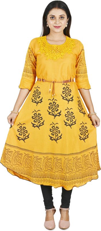 Women Block Print Cotton Rayon Anarkali Kurta  (Red)