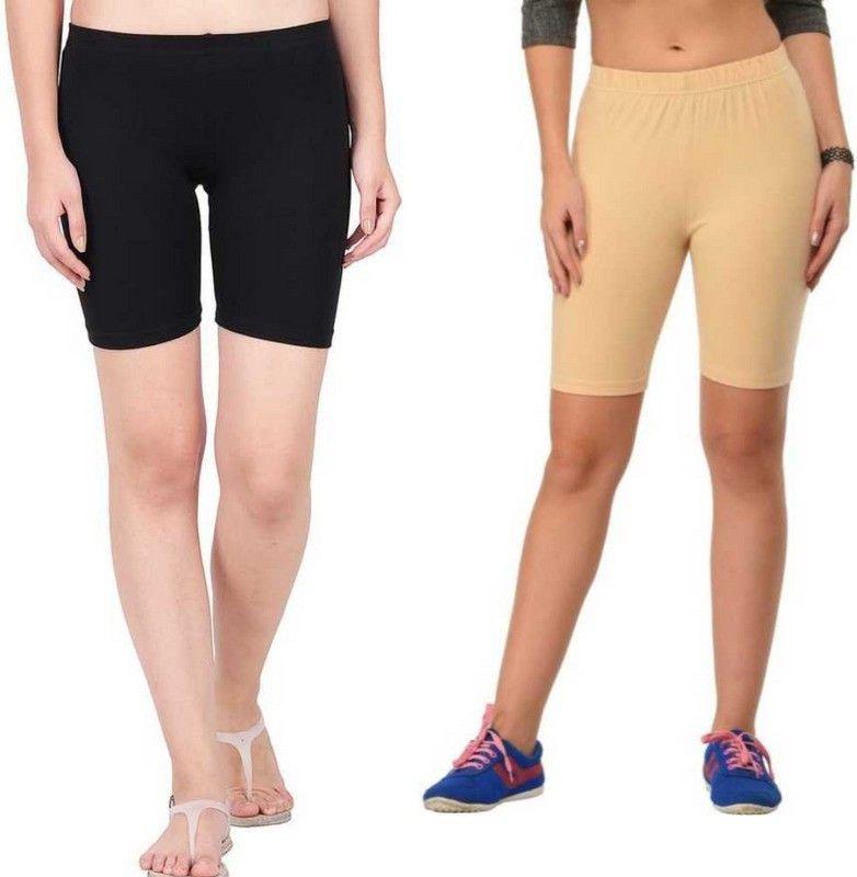 Pack of 2 Striped Women Black, Beige Cycling Shorts