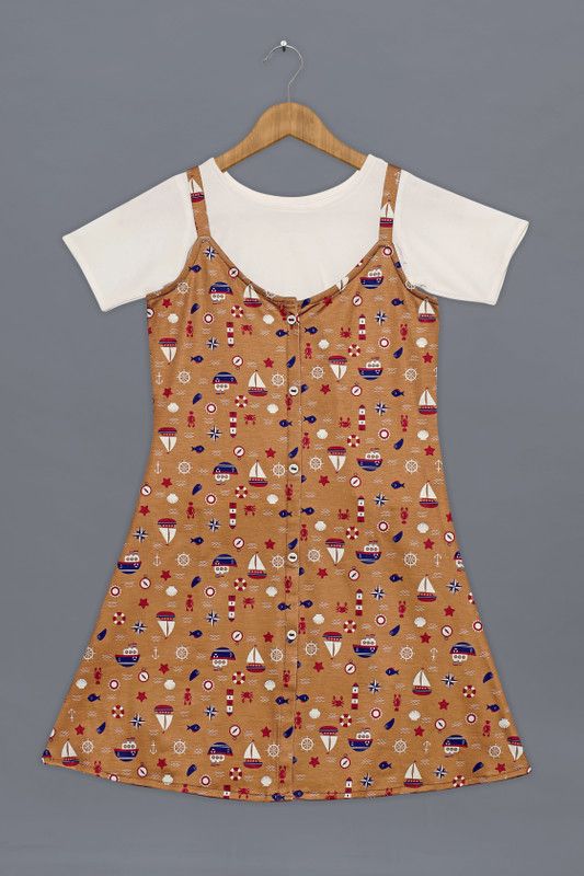 Girls Casual T-shirt Dress  (Brown)