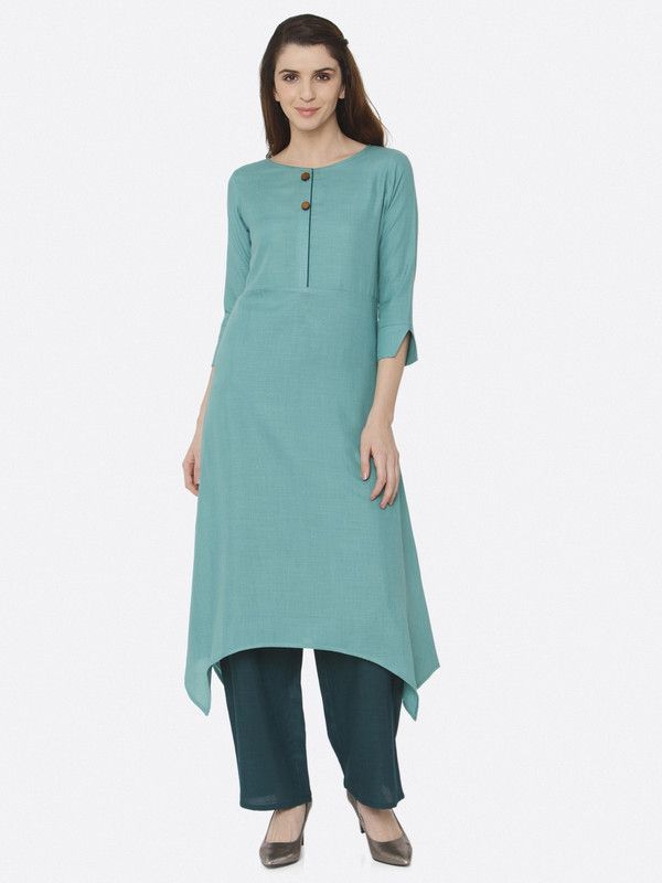 Women Solid Cotton Blend Trail Cut Kurta  (Green)
