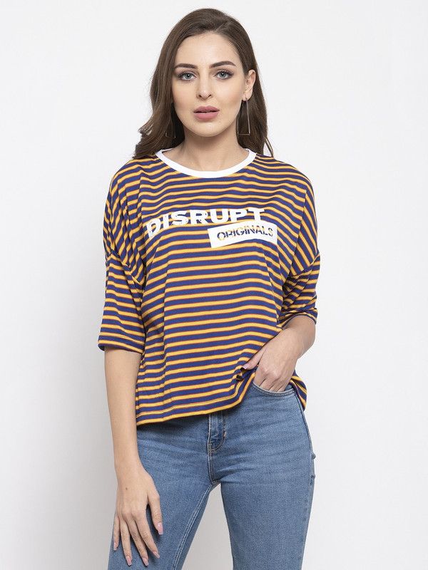 Royal blue striped Boxy T-shirt for women Women Striped Round Neck Cotton Blend Blue T-Shirt