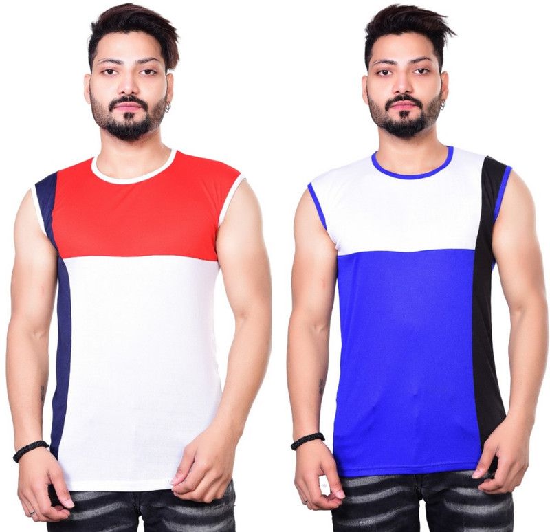Pack of 2 Men Colorblock Round Neck Polyester White, Blue T-Shirt