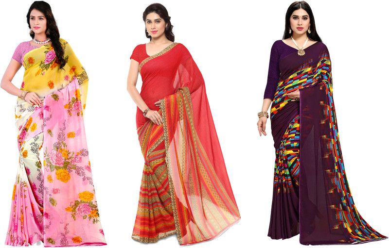 Paisley, Ombre, Geometric Print, Floral Print Daily Wear Georgette Saree  (Pack of 3, Purple, Red, Yellow)