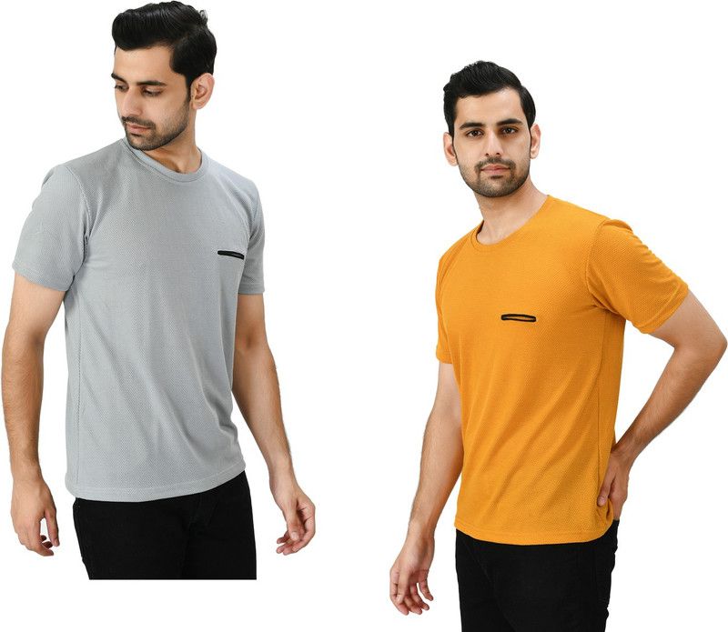 Pack of 2 Men Solid Round Neck Polyester Grey, Yellow T-Shirt