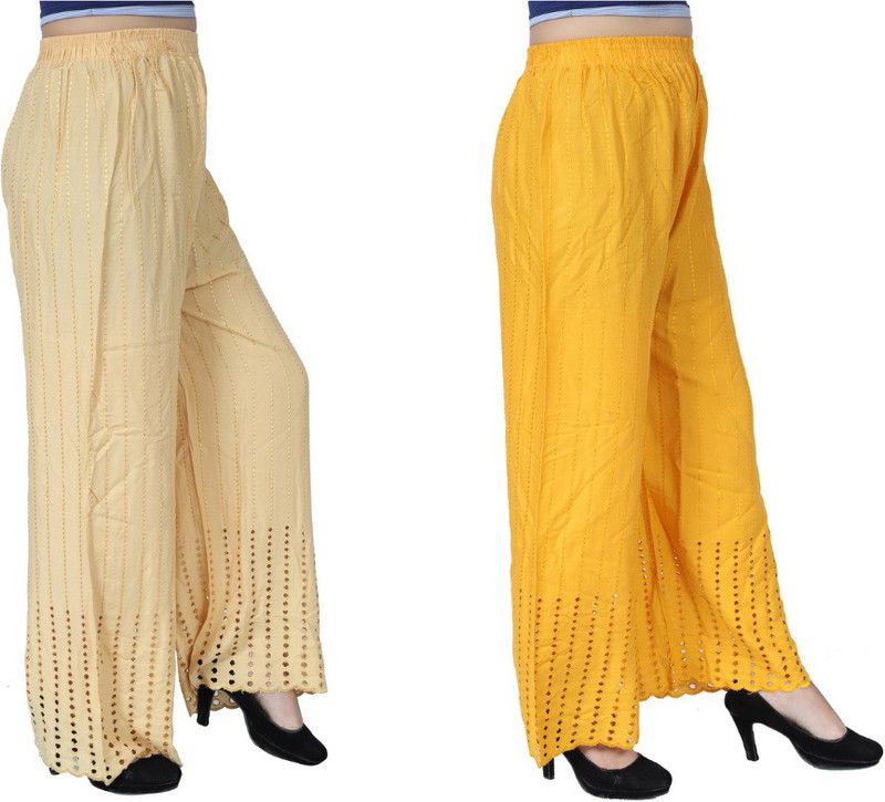 Pack of 2 Women Regular Fit Beige, Yellow Viscose Rayon Trousers