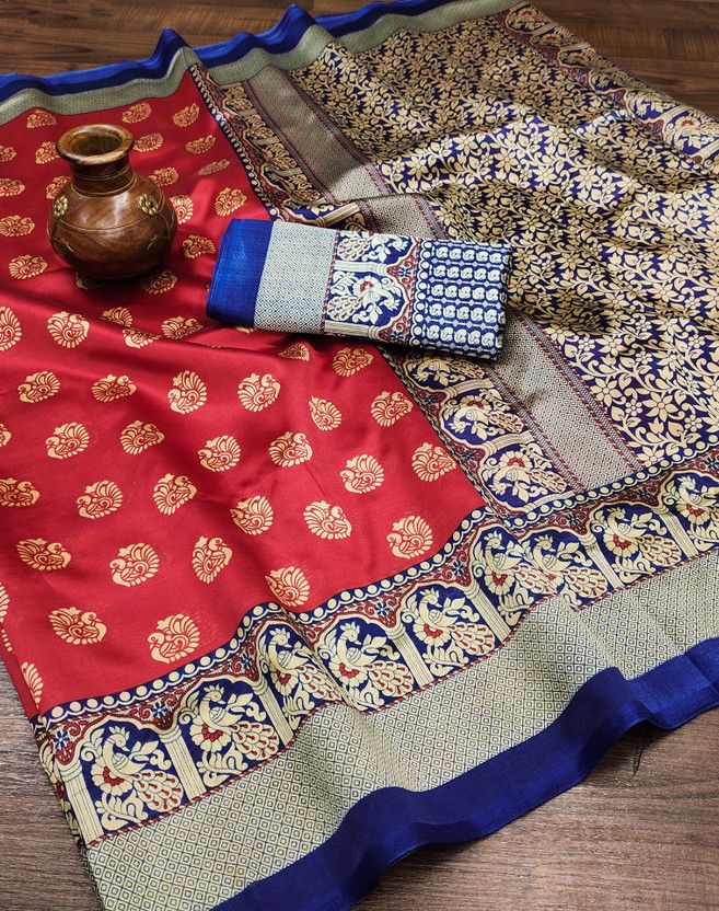 Printed, Geometric Print, Floral Print Kasavu Cotton Silk Saree  (Dark Blue, Red)