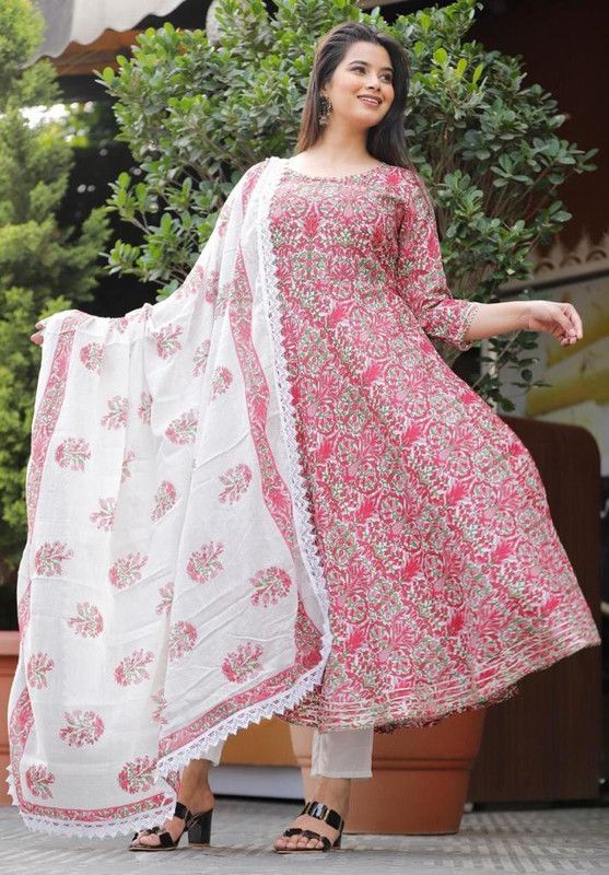 Pack of 3 Women Floral Print Cotton Rayon Anarkali Kurta  (Red)