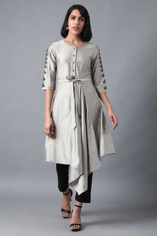 Women Striped Viscose Rayon High Low Kurta  (Beige)