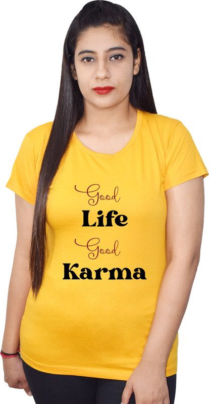 letter Printed Women's Casual Round Neck Short Sleeve Solid Basic T shirt | black Top for women |Cotton T shirt | Top for women | Devotional T shirt Women Printed Round Neck Cotton Blend Yellow T-Shirt