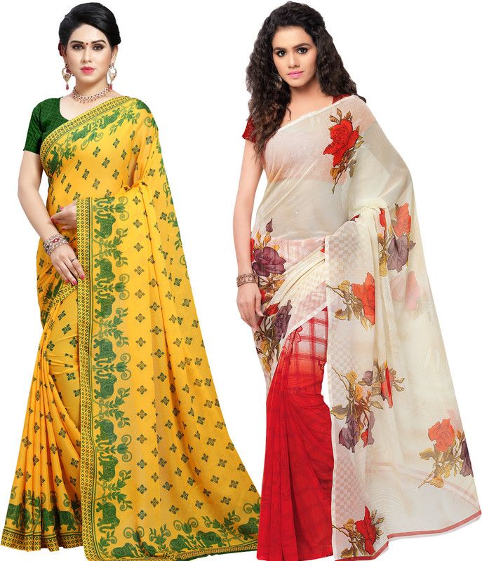 Geometric Print, Floral Print Daily Wear Georgette Saree  (Pack of 2, Red, Green, White)