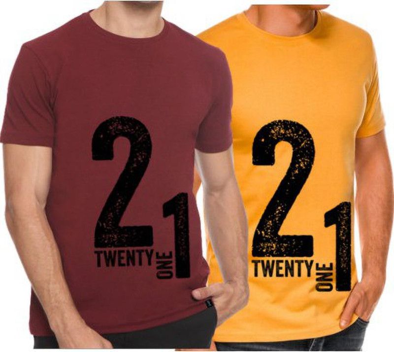 Pack of 2 Men Graphic Print Round Neck Pure Cotton Maroon, Yellow T-Shirt