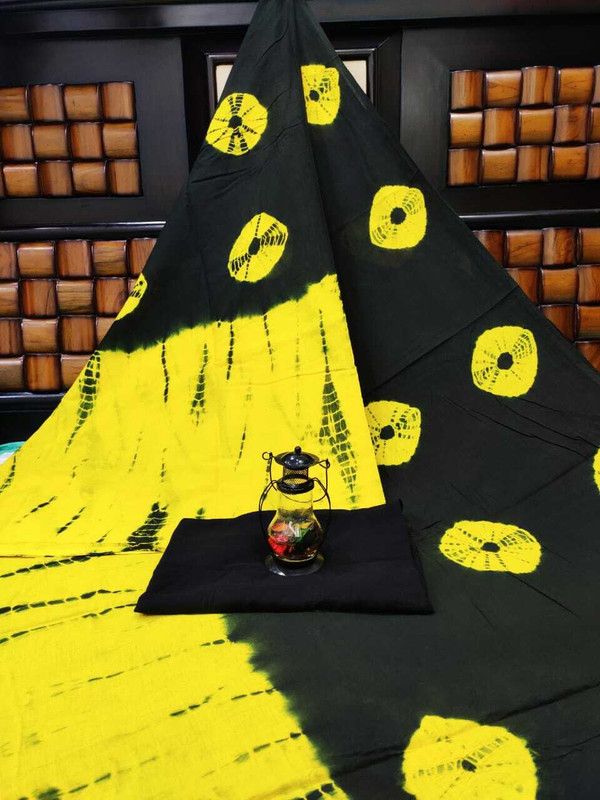 Blocked Printed, Color Block, Dyed, Floral Print, Printed Daily Wear Pure Cotton Saree  (Black, Yellow)
