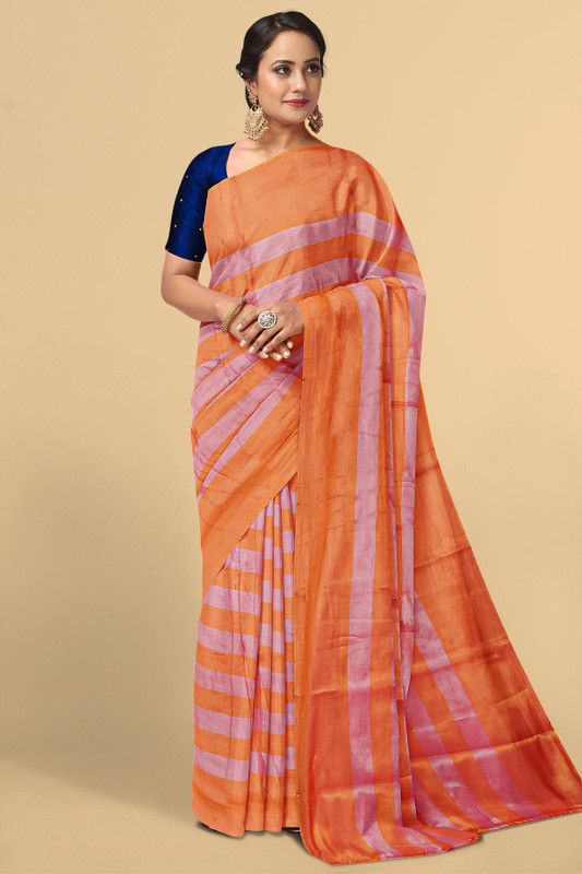 Striped Daily Wear Tissue Saree  (Pink)