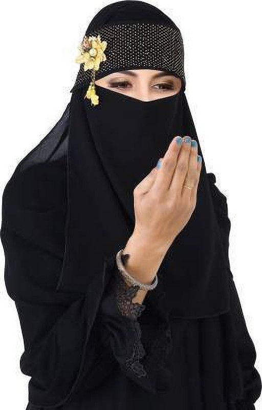 Fabcart Chiffon Blend Solid Abaya Black Nosepiece With Golden Color Flower Broch Chiffon Solid Abaya  (Black)