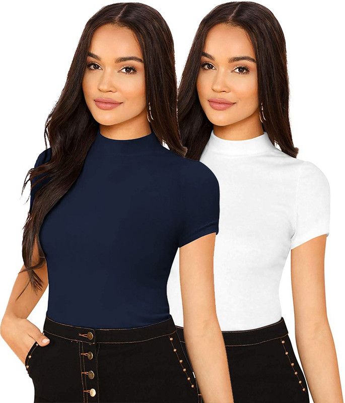 Pack of 2 Women Solid Turtle Neck Pure Cotton Dark Blue, White T-Shirt