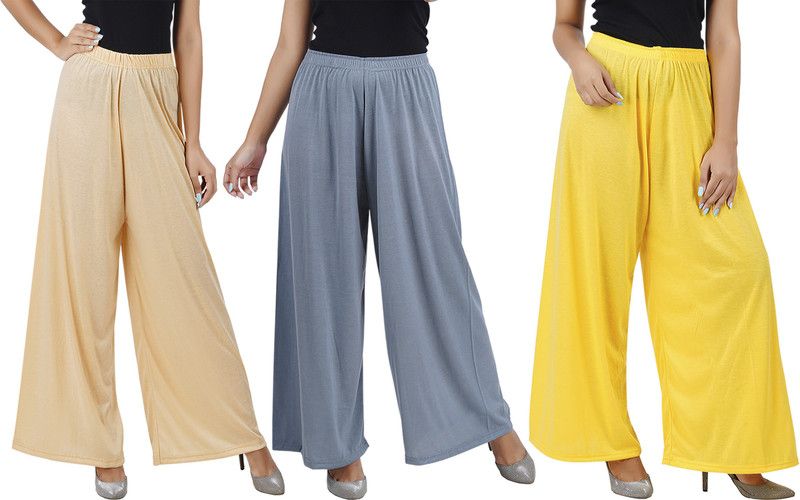 Pack of 3 Women Flared Beige, Grey, Yellow Cotton Blend Trousers