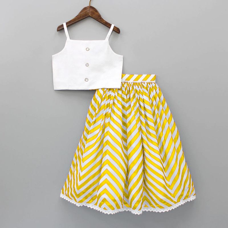 Girls Lehenga Choli Ethnic Wear Striped Lehenga & Crop Top  (Yellow, Pack of 1)