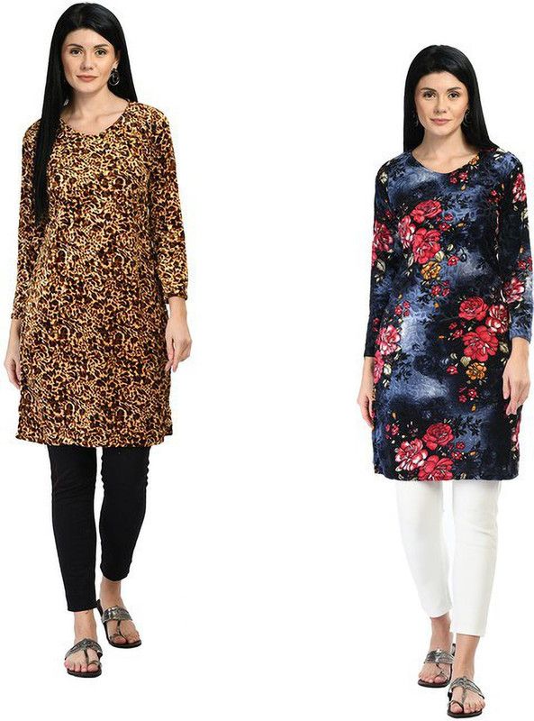 Pack of 2 Women Floral Print Velvet Straight Kurta  (Multicolor, Beige)