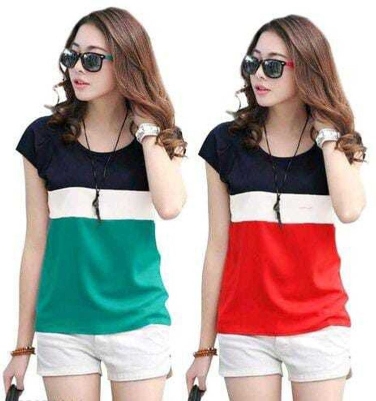 Casual Color Block Women Green, Red Top