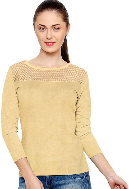 Women Tshirt Women Solid Round Neck Polyester Beige T-Shirt