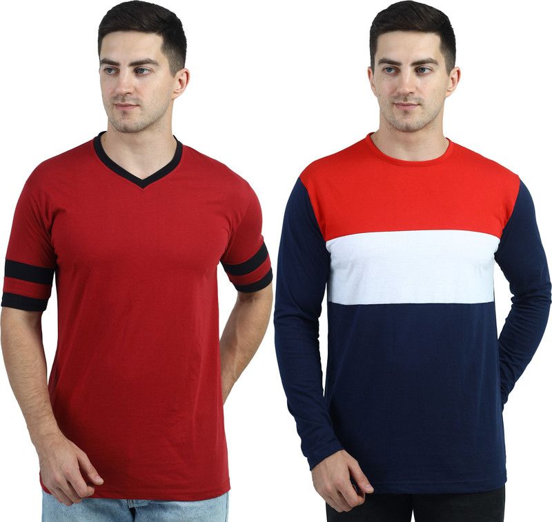 Pack of 2 Men Solid Round Neck Cotton Blend Multicolor, Maroon T-Shirt