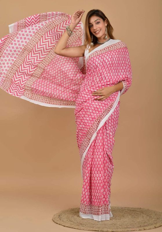 Self Design, Hand Painted, Blocked Printed Handloom Pure Cotton Saree  (White, Pink)