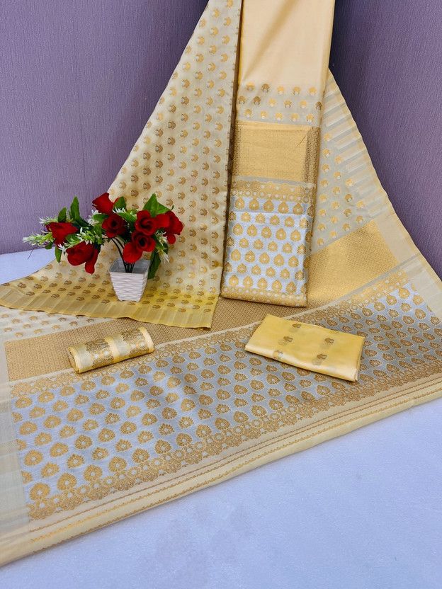 Embellished, Embroidered, Self Design, Woven Mekhela Chador Chanderi, Cotton Blend Saree  (Cream)