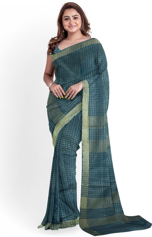 Checkered Bhagalpuri Cotton Linen Saree  (Green)