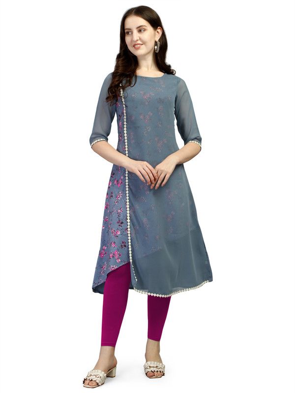Women Printed Crepe Asymmetric Kurta  (Grey)