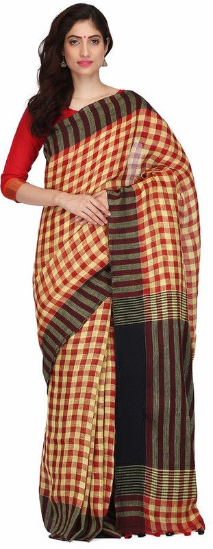 Checkered Daily Wear Cotton Linen Saree  (Red, Beige)