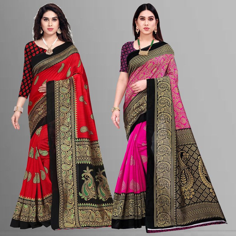 Printed Mysore Art Silk, Cotton Silk Saree  (Pack of 2, Red, Black, Pink)