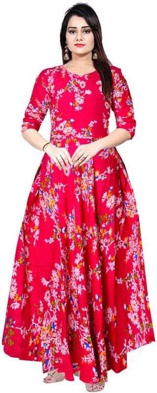 Printed Rayon Blend Stitched Flared/A-line Gown  (Pink)