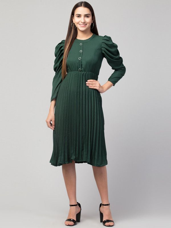 Women Pleated Green Dress