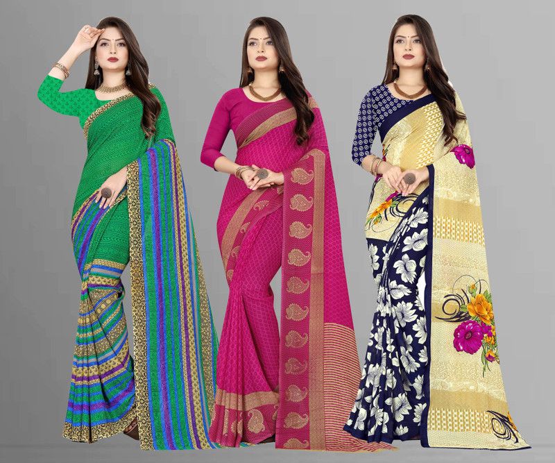 Printed Daily Wear Georgette Saree  (Pack of 3, Green, Blue, Pink, Beige)