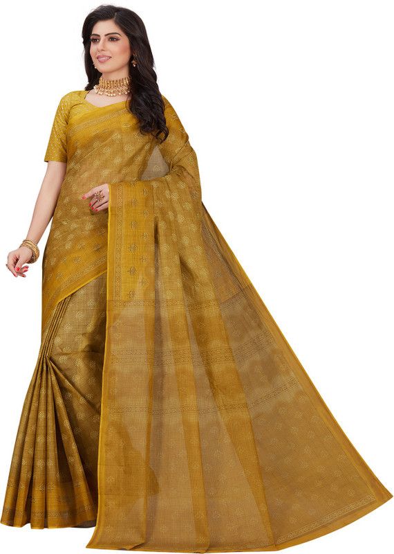 Printed Bollywood Pure Cotton Saree  (Gold)