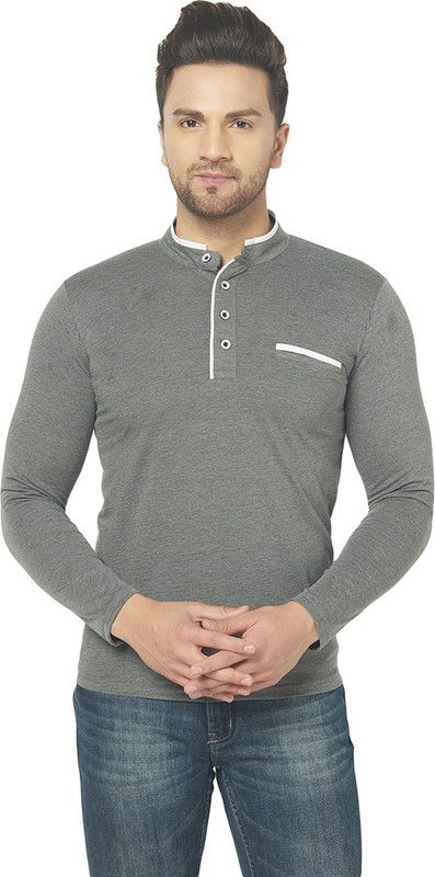Men Solid Mandarin Collar Cotton Blend Grey T-Shirt