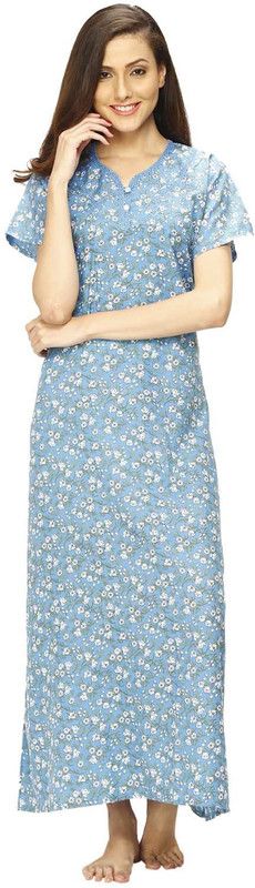 Women Nighty  (White, Blue)