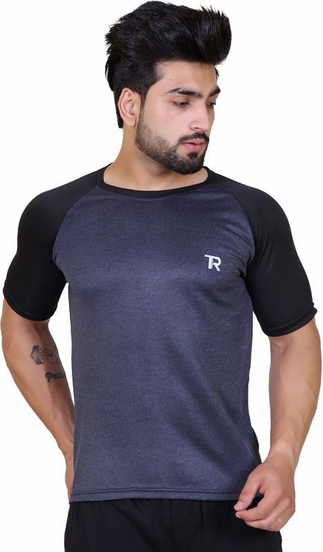 Sports Gym T Shirts For Men Men Self Design, Color Block Round Neck Polyester Grey T-Shirt