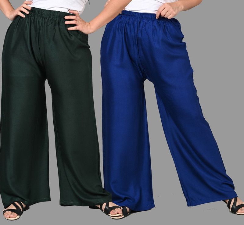 Pack of 2 Women Regular Fit Dark Green, Blue Cotton Blend Trousers