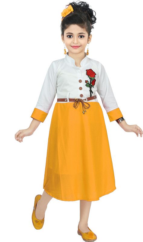 Girls Calf Length Casual Dress  (Yellow, 3/4 Sleeve)