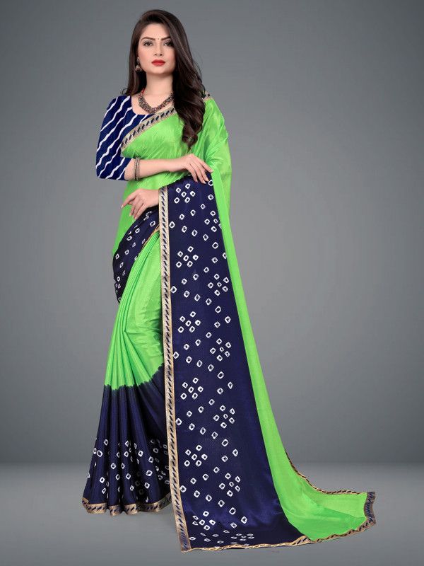 Embellished, Ombre, Paisley, Geometric Print Bandhani Silk Blend Saree  (Green, Blue)