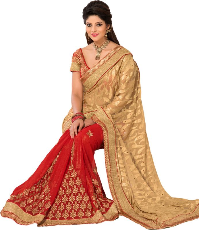 Embroidered Bollywood Cotton Blend, Chiffon Saree  (Beige)