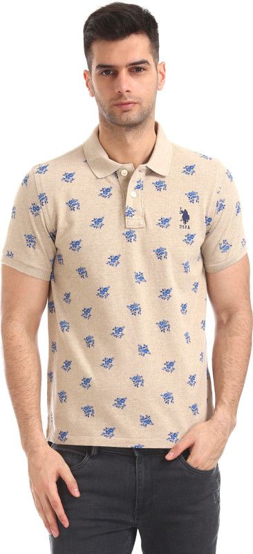 Men Printed Polo Neck Pure Cotton Beige T-Shirt