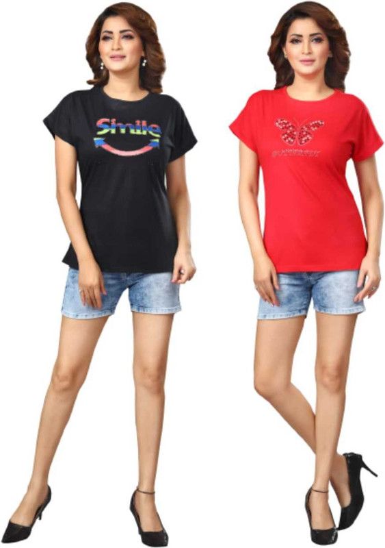 Pack of 2 Pack of 2 Solid Women Round Neck Pink, Red T-shirt Women Printed Round Neck Pure Cotton Red, Black T-Shirt