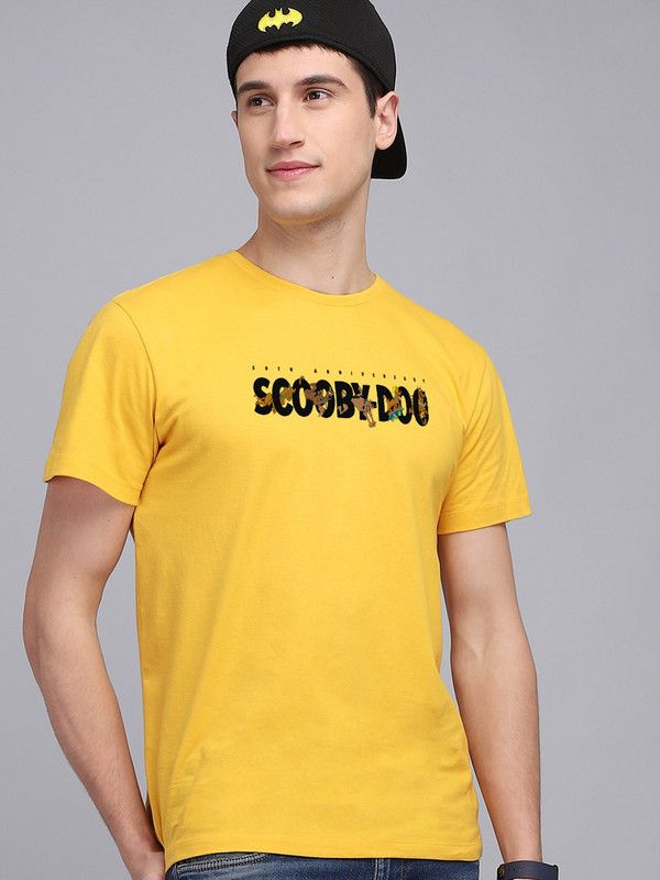 Scooby Doo Men Typography Round Neck Pure Cotton Yellow T-Shirt
