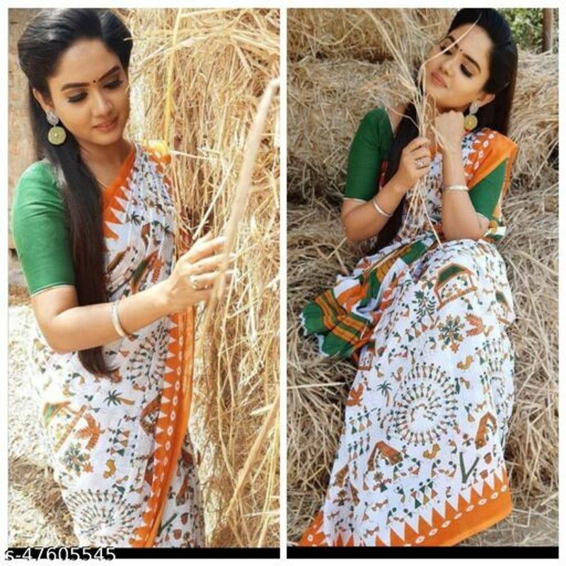 Printed Ikkat Pure Cotton Saree  (Orange)