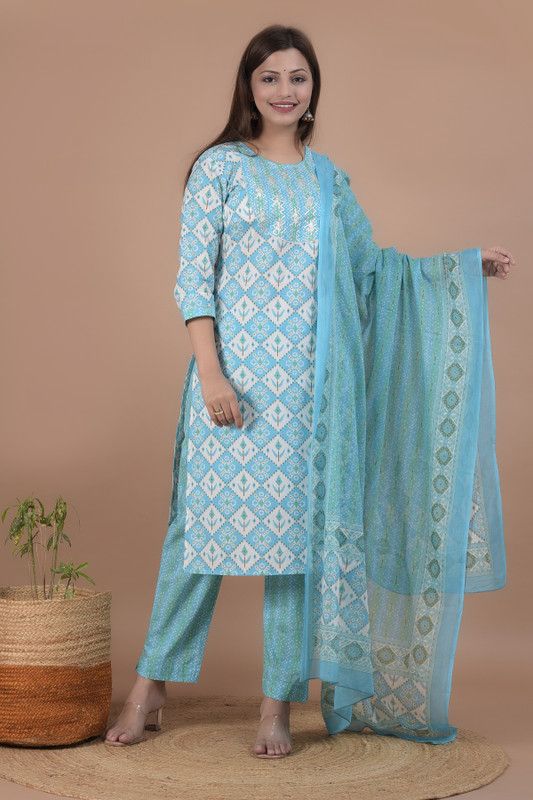 Women Printed Pure Cotton Straight Kurta With Attached Dupatta  (Light Blue)